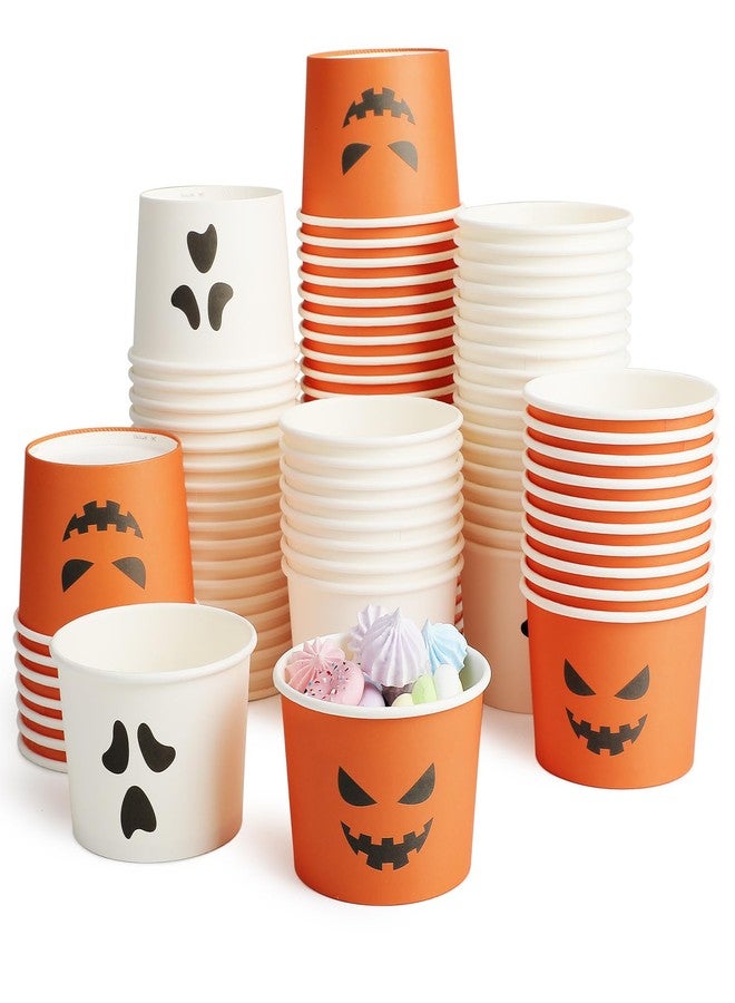 Uiifan 150 Pcs Halloween Treat Snack Cups 8 Oz Disposable Pumpkin Ghost Bowls Spooky Disposable Paper Cup White Orange Paper Cup Dessert Ice Cream Bowls Food Tasting Cups for Halloween Party Supplies - Image 1